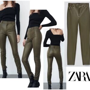 Zara olive khaki green faux leather high-rise leggings Sz XS NWOT pleather vegan